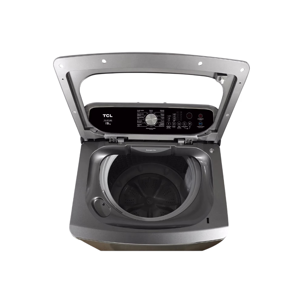 Lavadora automática F319TLRG 19 kg TCL gris acercamiento al panel de control superior descúbrelo en granhogar