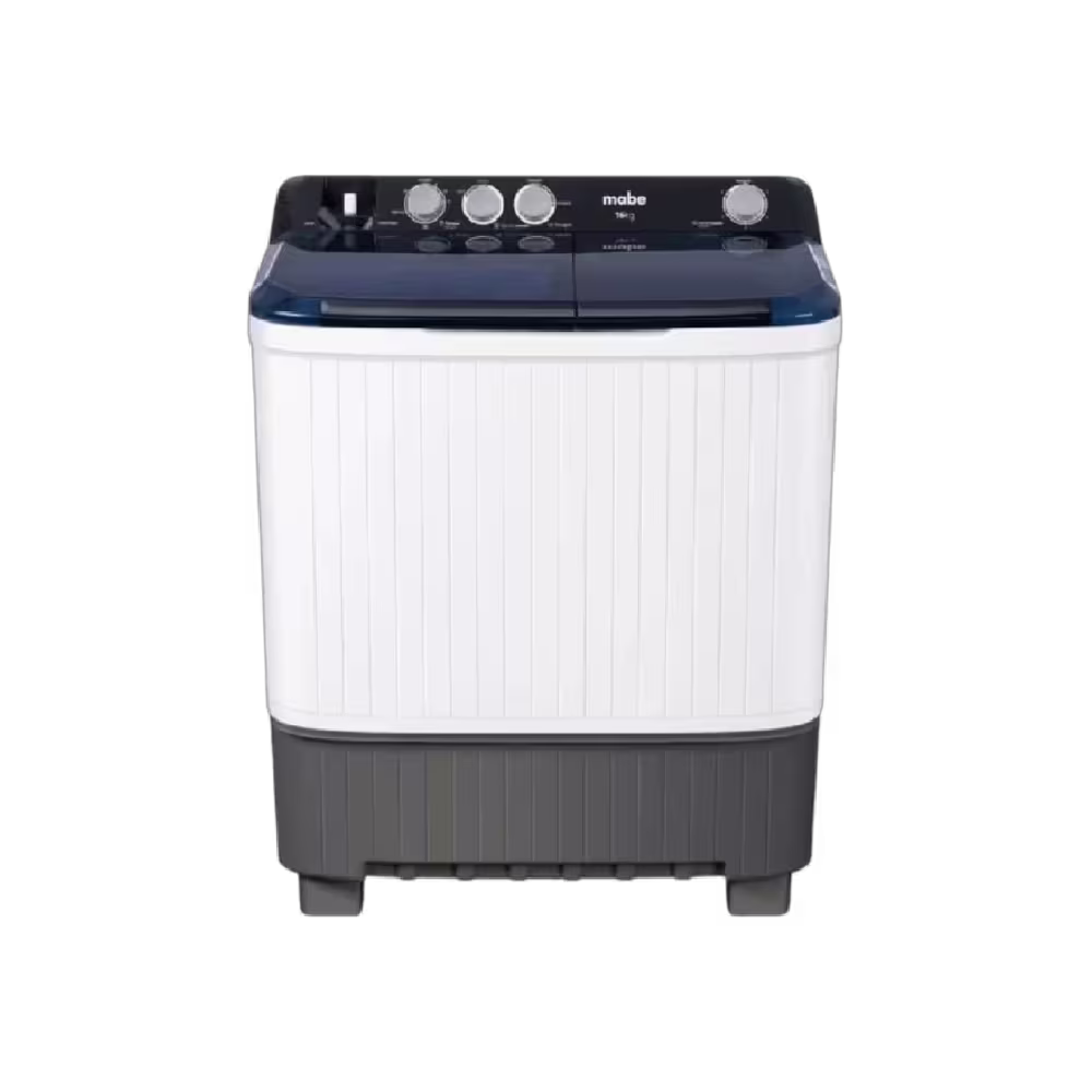 Lavadora doble tina Mabe LMDX6124HBAB0 gabinete blanco con base gris vista frontal disponible en granhogar