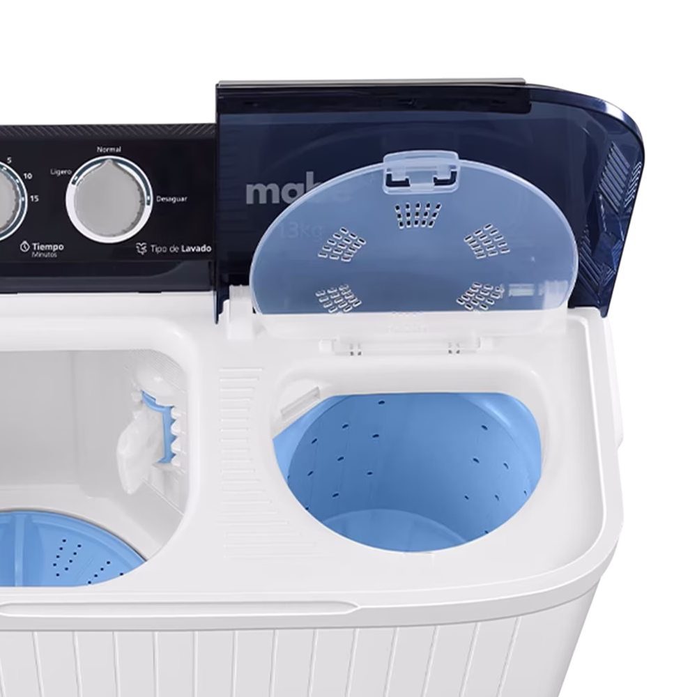 Lavadora doble tina LMDX3123HBAB0 13kg Mabe con tapas abiertas y tinas, encuéntralo en granhogar