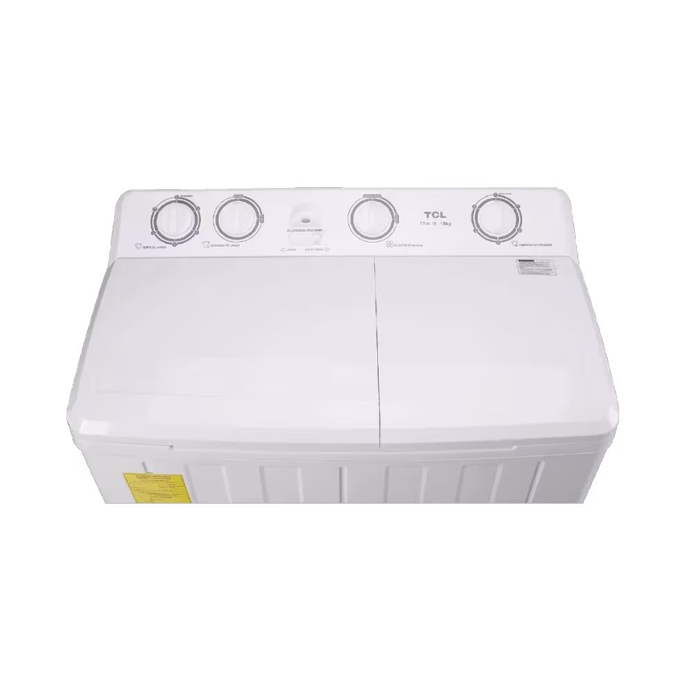 Lavadora doble tina TCL TTW-15 tapas superiores blancas cerradas vista picada disponible en granhogar