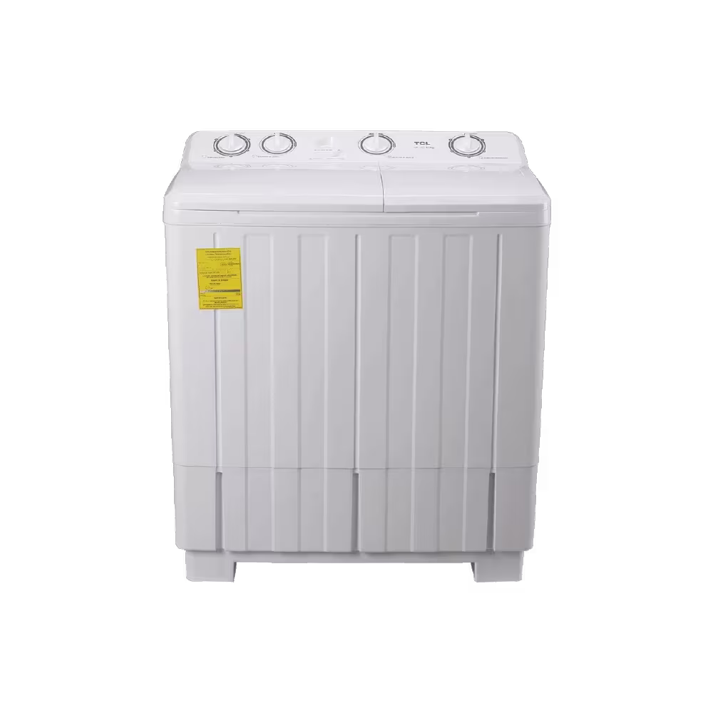 Lavadora doble tina TCL TTW-15 gabinete blanco con etiqueta amarrilla vista frontal disponible en granhogar