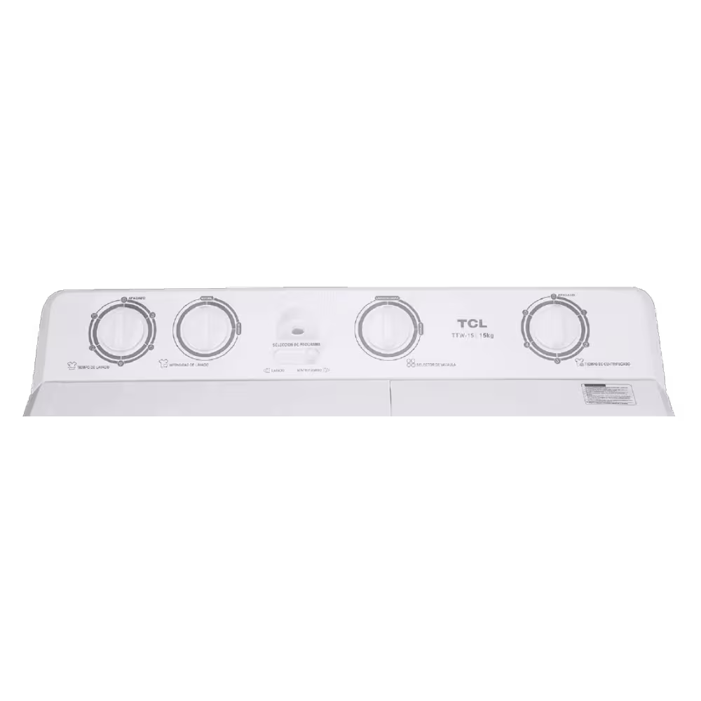 Lavadora doble tina TCL TTW-15 perillas giratorias de temporizador primer plano disponible en granhogar