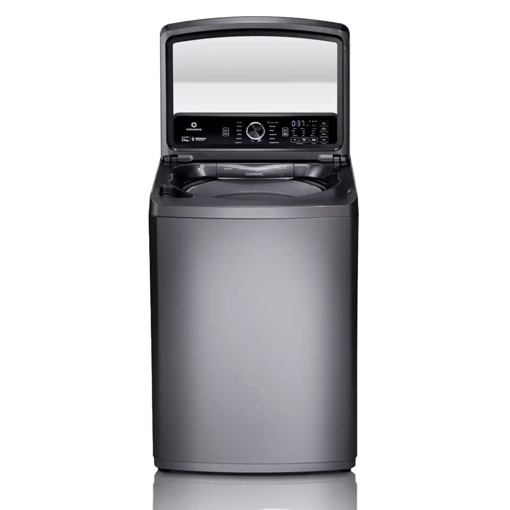 Lavadora automática LRI-24CRPP 24kg Indurama con la tapa superior abierta, descúbrelo en granhogar