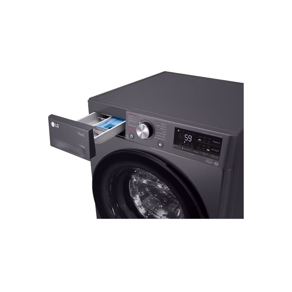 Lavasecadora LG WD13MVC4S6 13kg dispensador abierto vista tres cuartos, disponible en granhogar
