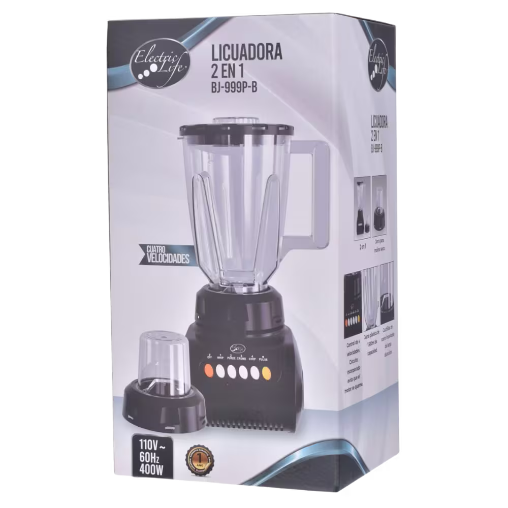 Licuadora Electric Life BJ-999P-B caja de empaque original 2en1 vista tres cuartos, descúbrelo en granhogar