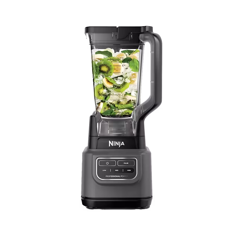 Licuadora Ninja BE200LAA con mezcla de frutas en su jarra vista frontal. Disponible en granhogar