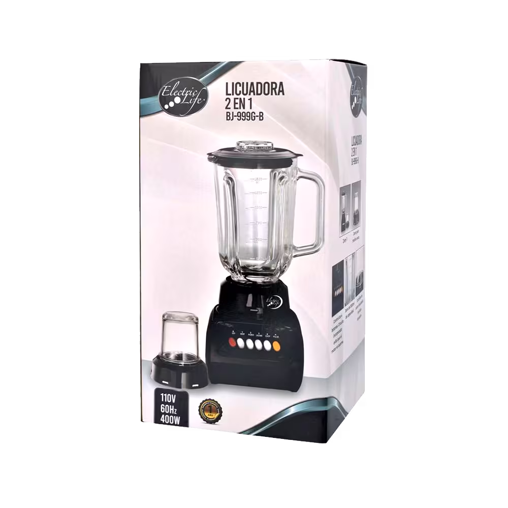 Licuadora Electric Life BJ-999G empaque y caja de presentación vista angular. Encuéntrala en granhogar