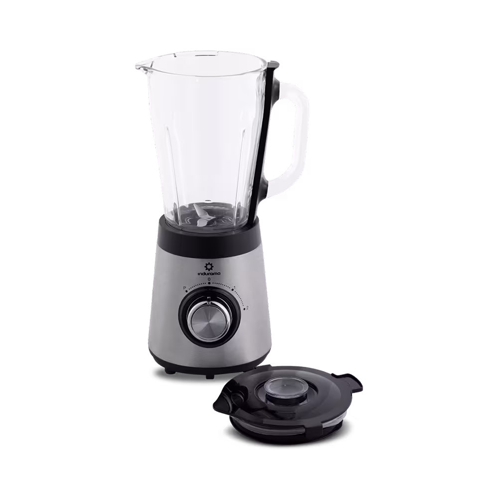 Licuadora Indurama LIC-PPC con tapa negra de hule extraíble vista diagonal. Disponible en granhogar online