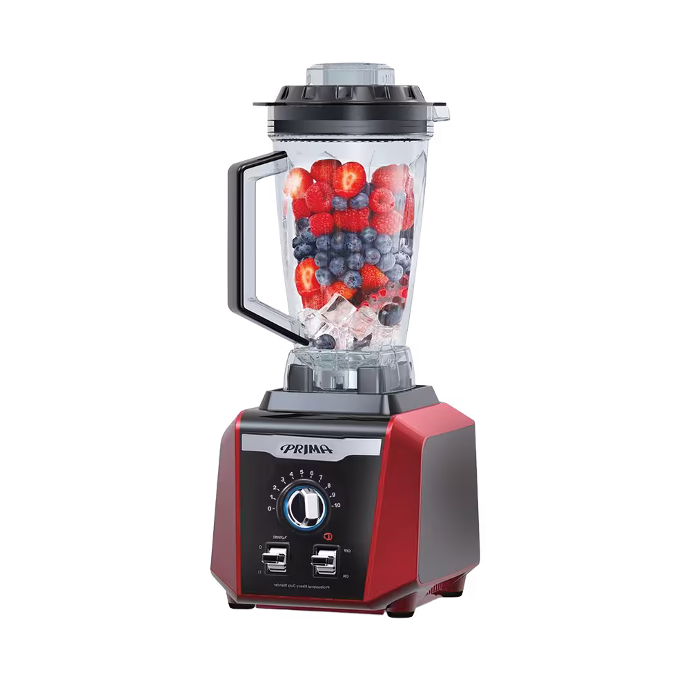 Licuadora industrial Prima KT BR5330 2500W con vaso lleno de frutas vista diagonal. Solo en granhogar