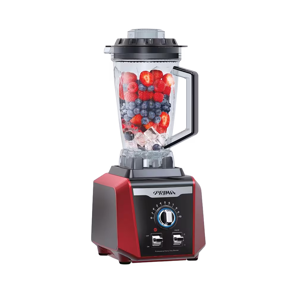 Licuadora industrial Prima KT BR5330 2500W roja vista diagonal. Adquiérela en granhogar