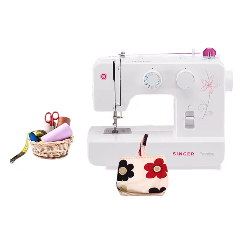 Maquina de coser Singer 1412 canasta de costura, telas de colores vista en perspectiva disponible en granhogar