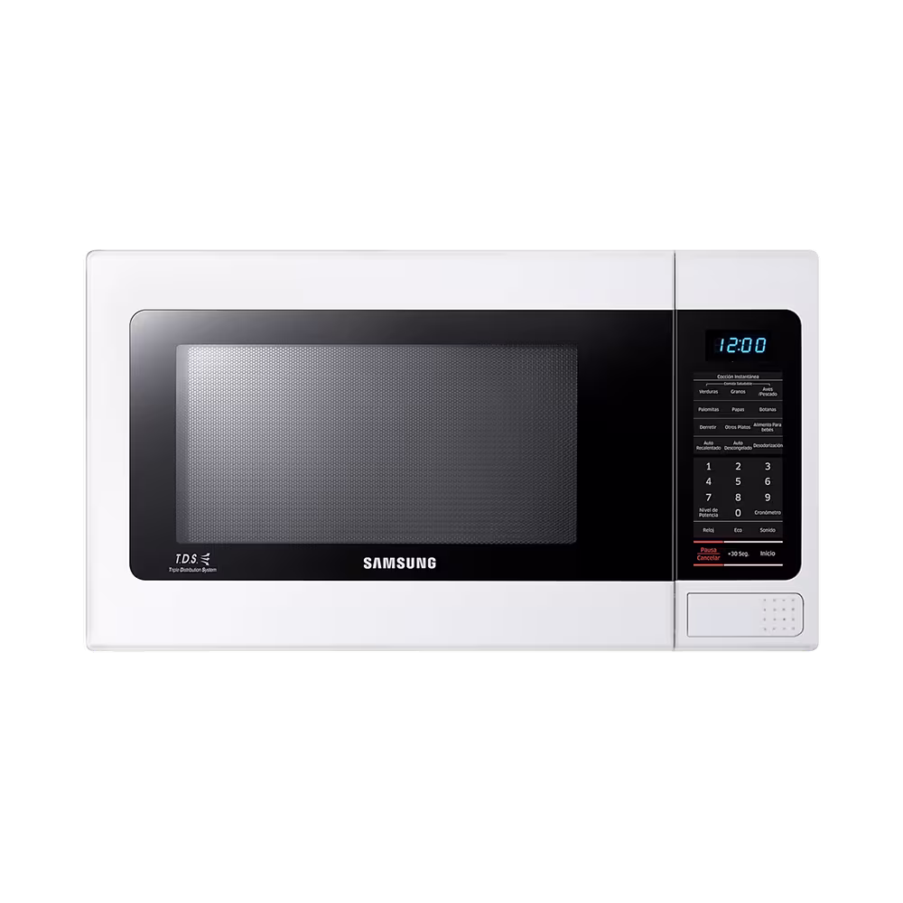 Horno microondas Samsung AME1114TWE/XAP 32 litros de color blanco vista frontal. Disponible en granhogar