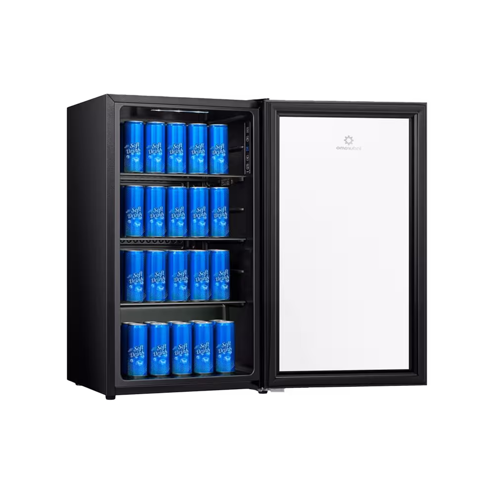 Mini vitrina Indurama VFV-120 cargada de latas con puerta abierta vista frontal. Encuéntrala en granhogar