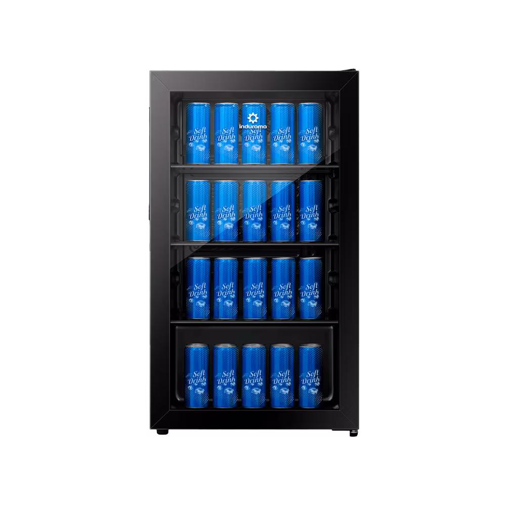Mini vitrina Indurama VFV-120 de 94 litros negra con lata de bebidas vista frontal. Encuéntrala en granhogar