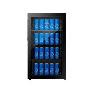 Mini vitrina Indurama VFV-120 de 94 litros negra con lata de bebidas vista frontal. Encuéntrala en granhogar