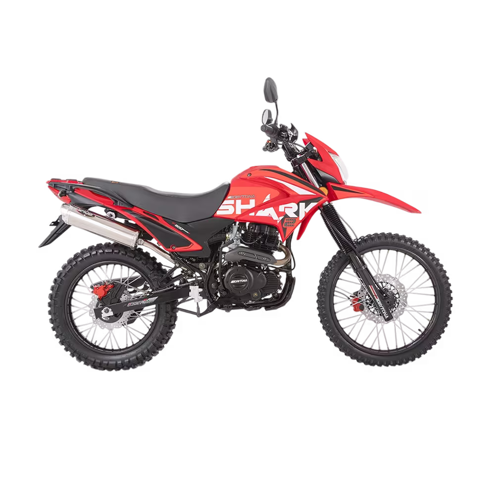 Moto Daytona DY200 Shark II 200cc roja con chasis deportivo vista lateral. Adquiérela en granhogar