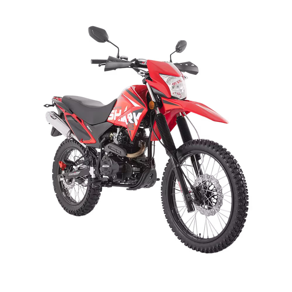 Moto Daytona DY200 Shark II 200cc roja de diseño ON-OFF vista diagonal. Encuéntrala en granhogar