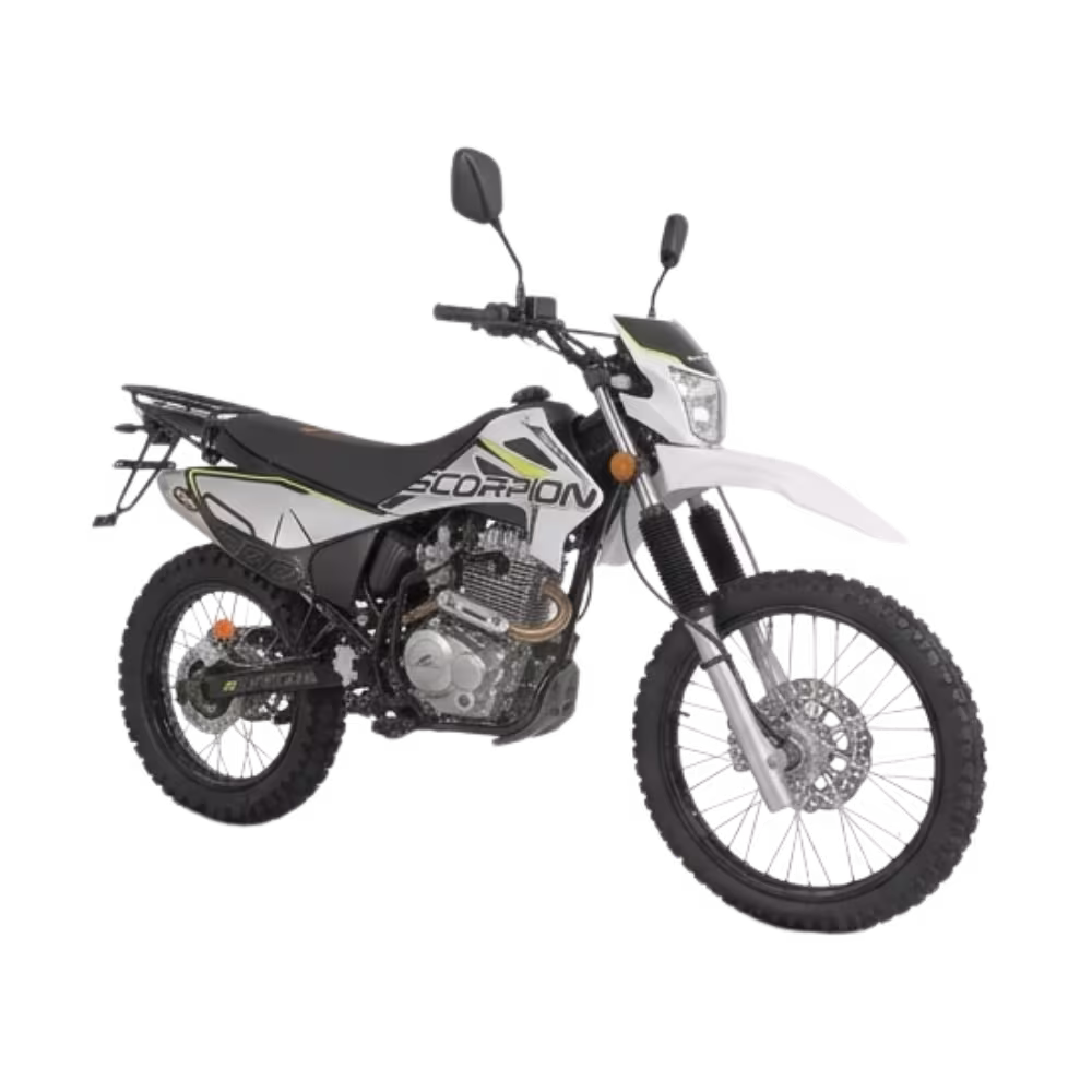 Moto Daytona DY200 Scorpion enduro 200cc faro y tanque vista tres cuartos, adquiérelo en granhogar
