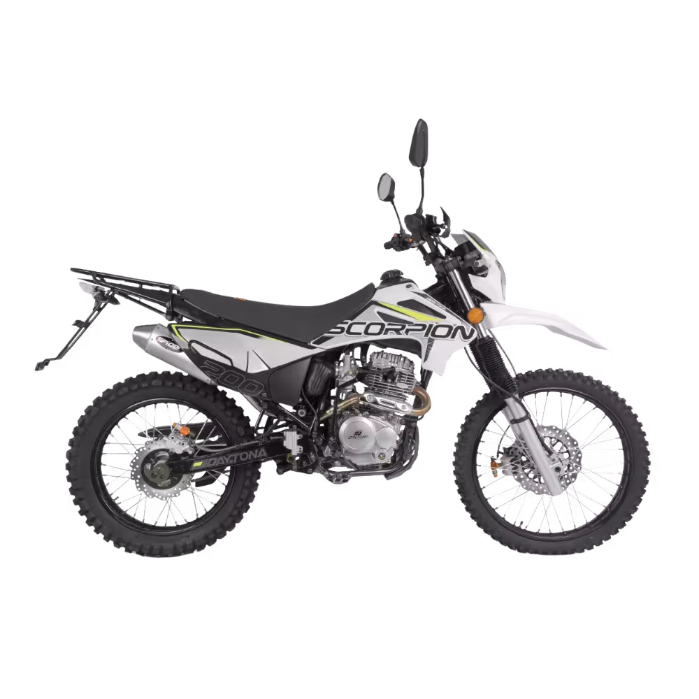 Moto Daytona DY200 Scorpion enduro 200cc rueda de tacos vista lateral, adquiérelo en granhogar