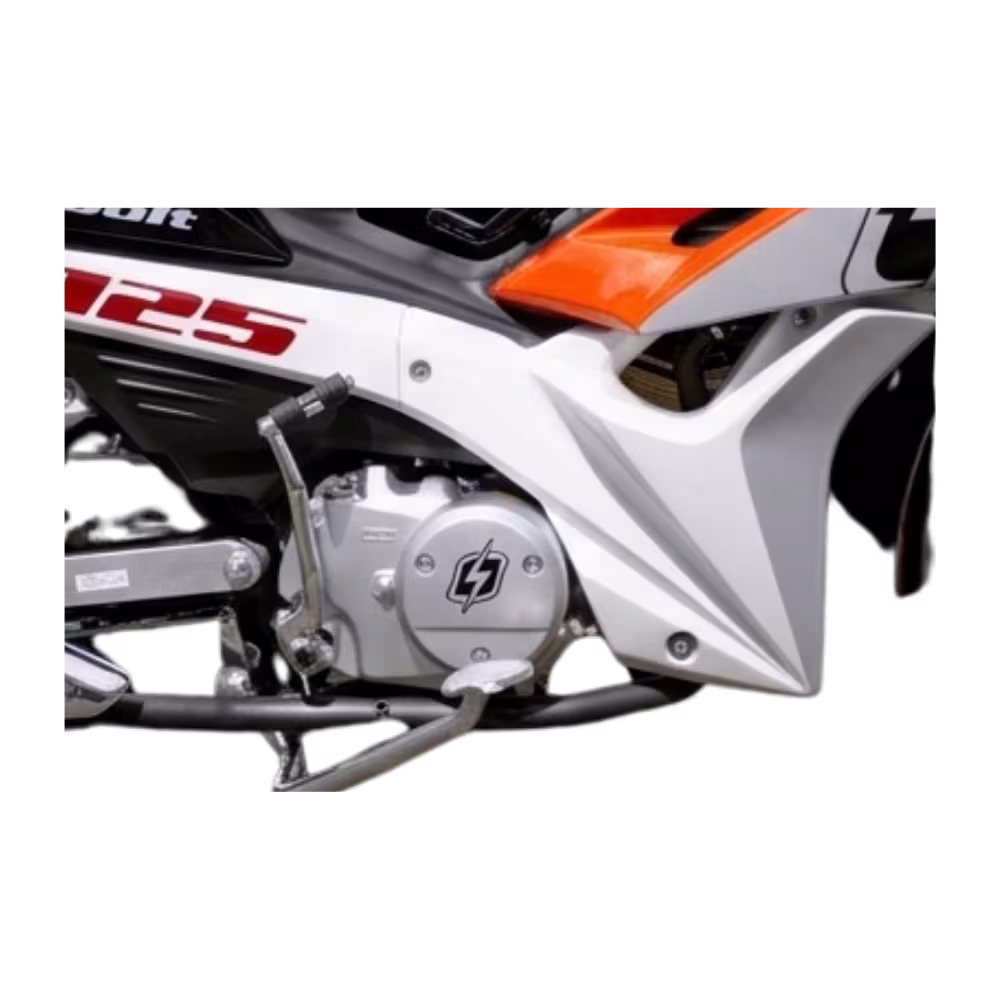 Moto Thunder Bolt M2 125cc motor y pedal de cambios vista detalle, disponible en granhogar