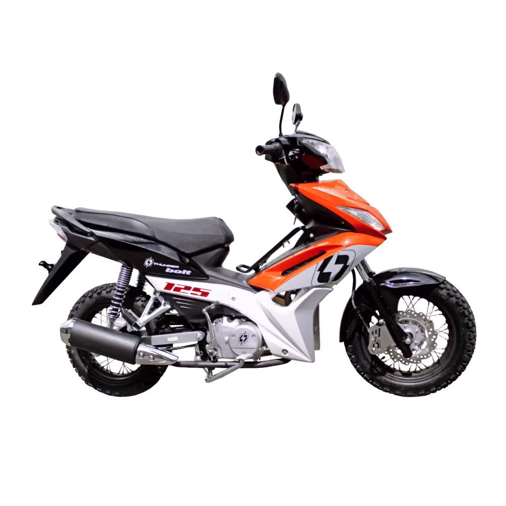 Moto Thunder Bolt M2 125cc semiautomática de perfil vista lateral, disponible en granhogar