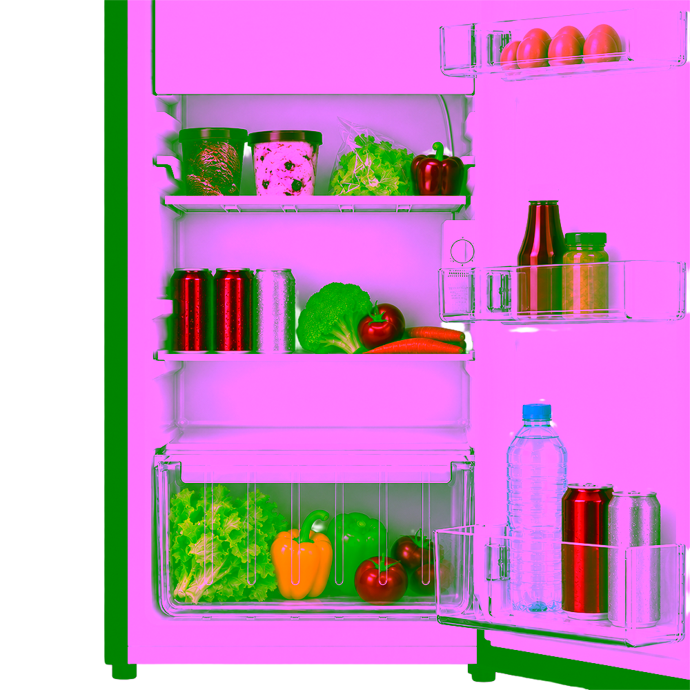 Nevera Mabe RMF04CV1 de 90 litros Black Glass con puerta abierta y alimentos adquiere en granhogar