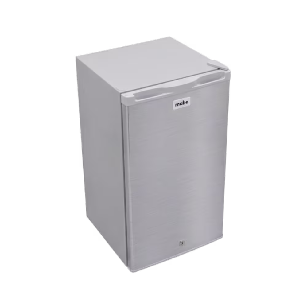 Nevera minibar Mabe RMF04ERX0 93 litros acabado acero inoxidable vista de tres cuartos disponible en granhogar