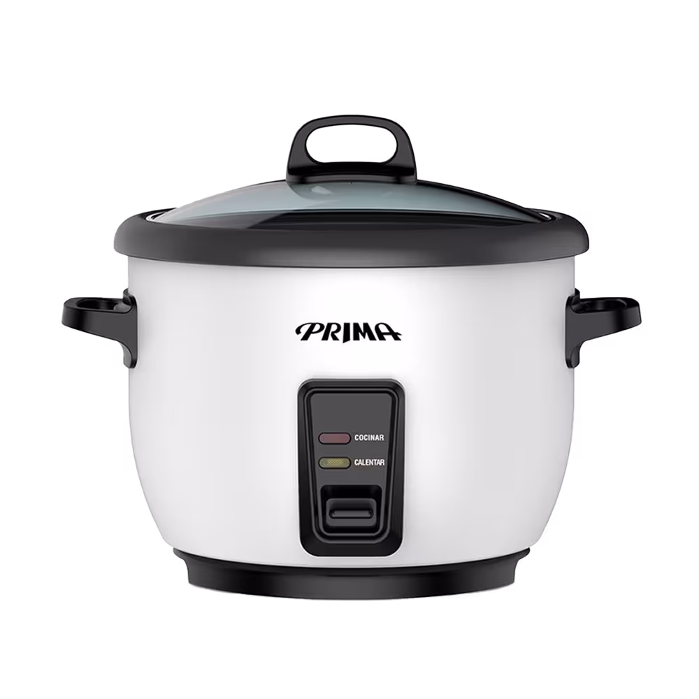 Olla arrocera Prima RC1718W cuerpo blanco y tapa de vidrio vista frontal disponible en granhogar