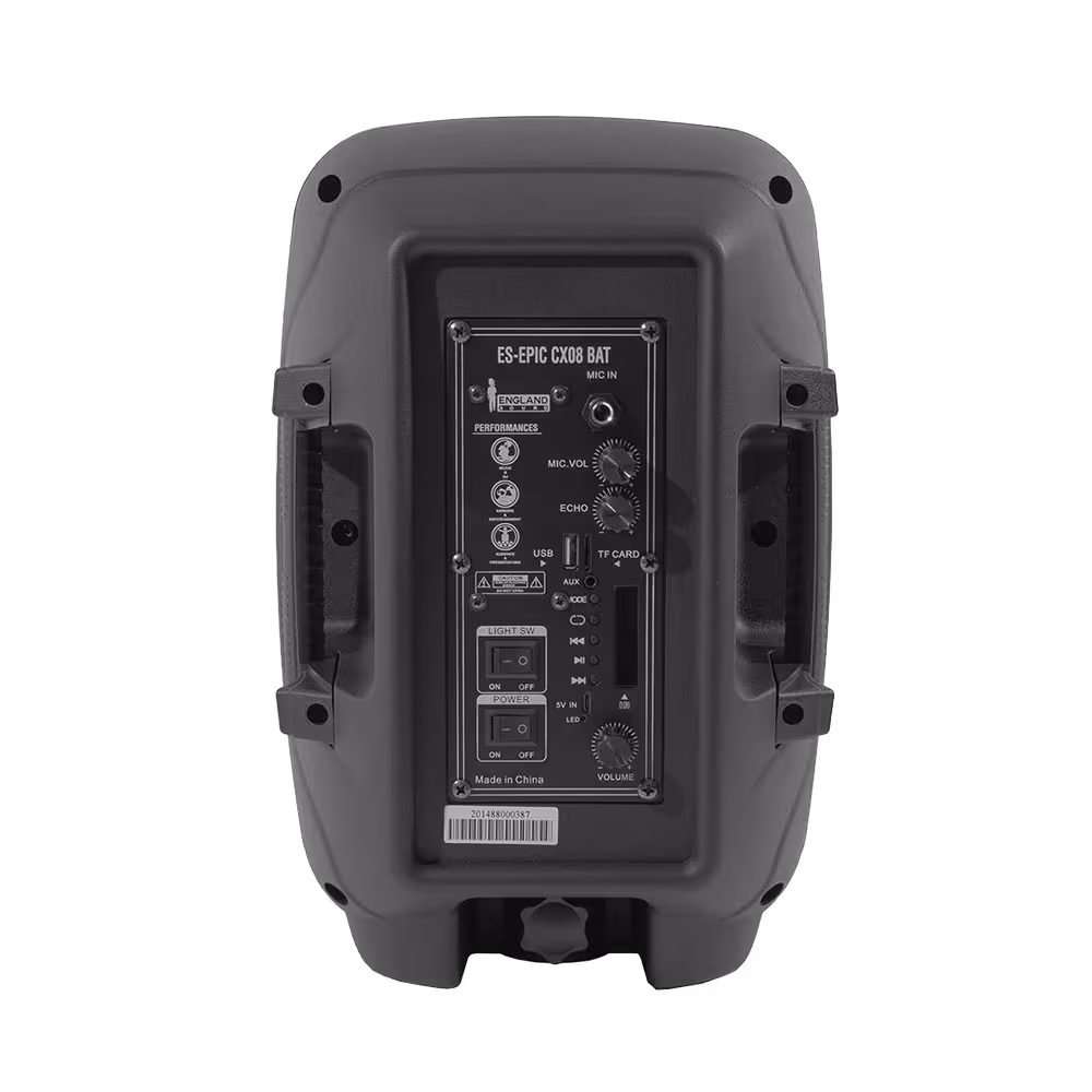 Parlante England Sound ES-EPIC CX08 BAT panel con ecualizador y conexiones vista trasera. Solo en granhogar