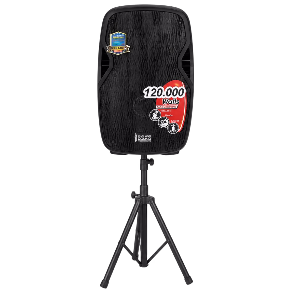 Parlante ES-Patriot con pedestal y micrófono England Sound vista frontal con pedestal, descúbrelo en granhogar
