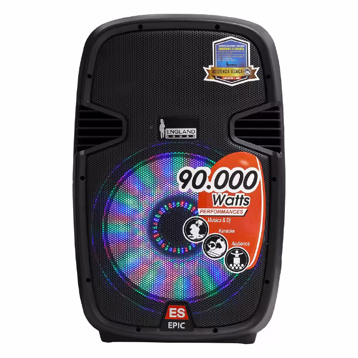 Parlante England Sound ES-2 GAD EPIC 15 LED 90000W con woofer de 15", luces RGB y sonido potente que enciende tus fiestas al instante.