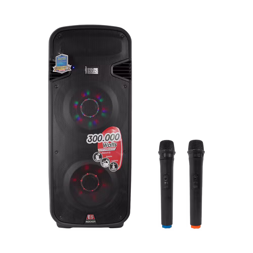 Parlante England Sound ES-6GBE Rocker 215-LED con dos micrófonos vista frontal, adquiérelo en granhogar