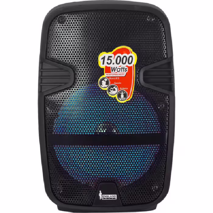 Parlante England Sound ES‑EPIC RM08 de 20 000 W con woofer de 8", sonido potente, luces LED y micrófono para fiestas vibrantes y llenas de energía.