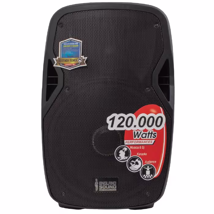 Parlante England Sound ES‑Patriot 120 000 W con dos woofers de 15", luces LED, Bluetooth y micrófono para fiestas épicas y sonido impactante.