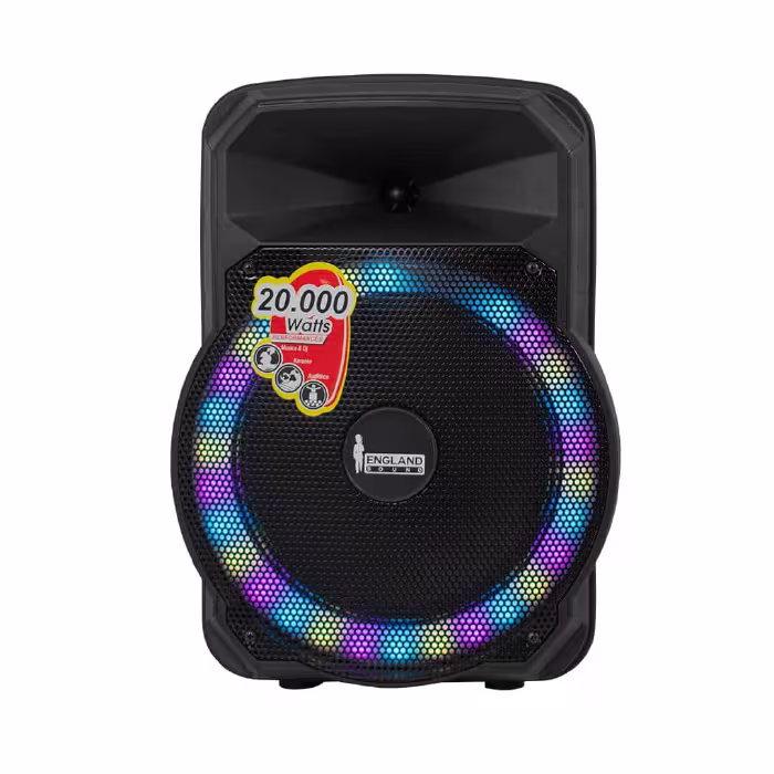 Siente el ritmo con el Parlante England Sound ES‑Rhythmic 20 000 W: sonido potente, luces LED y Bluetooth para encender cada fiesta y vibrar juntos.