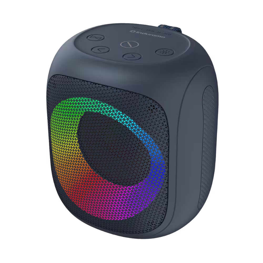 Parlante Indurama PPI-HB05DB portátil luz LED RGB vista en perspectiva, encuentralo en granhogar