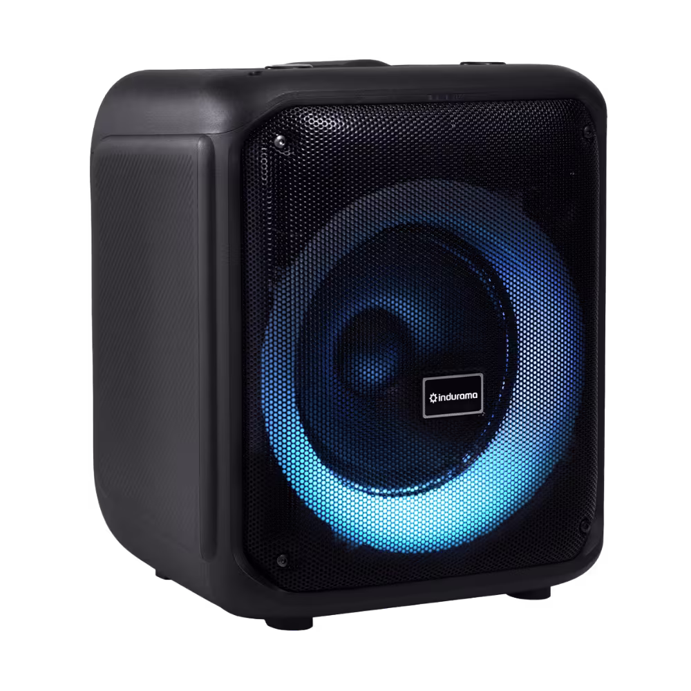 Parlante bluetooth Indurama CMI30 recargable luz azul vista tres cuartos, adquiérelo en granhogar