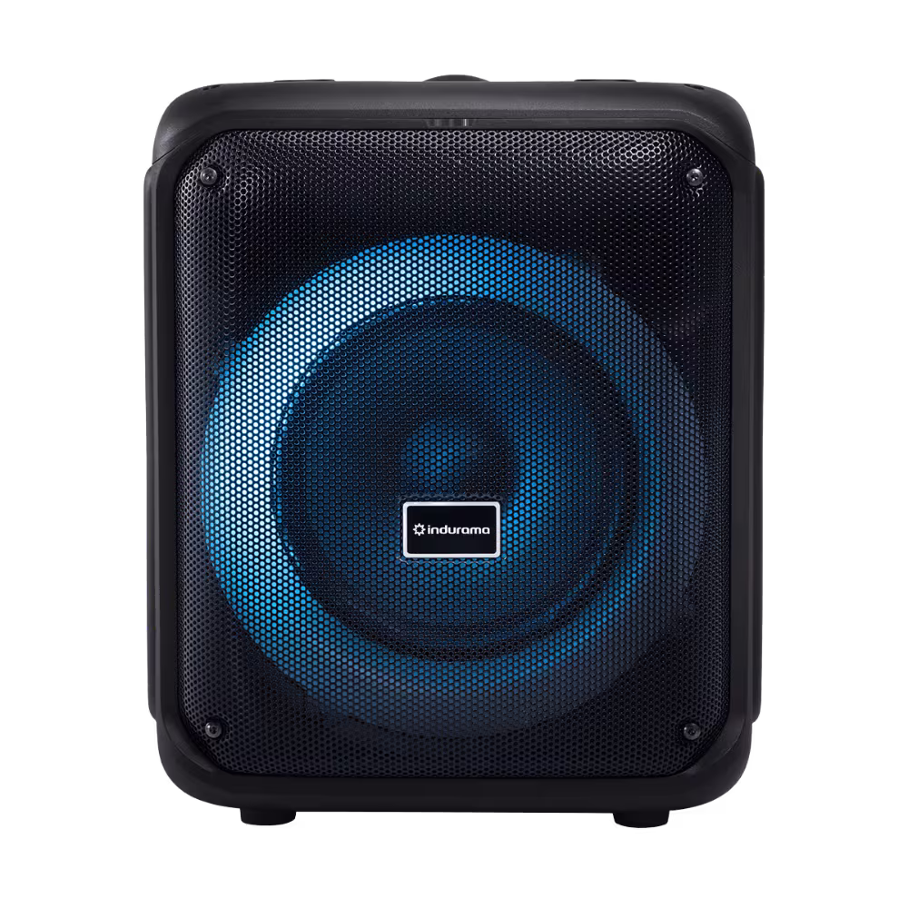 Parlante portátil Indurama CMI30 bluetooth negro luz azul vista frontal, adquiérelo en granhogar