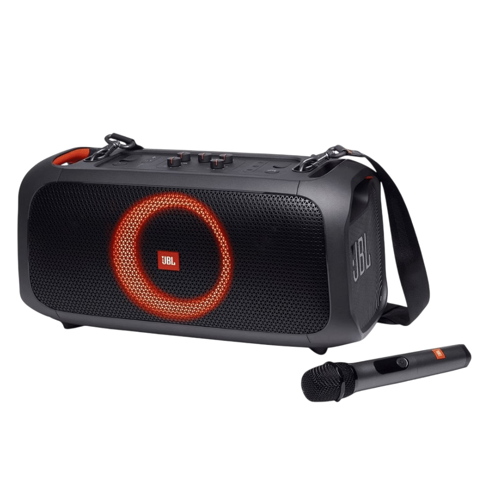 Vista frontal de parlante JBL PartyBox On-The-Go con micrófono