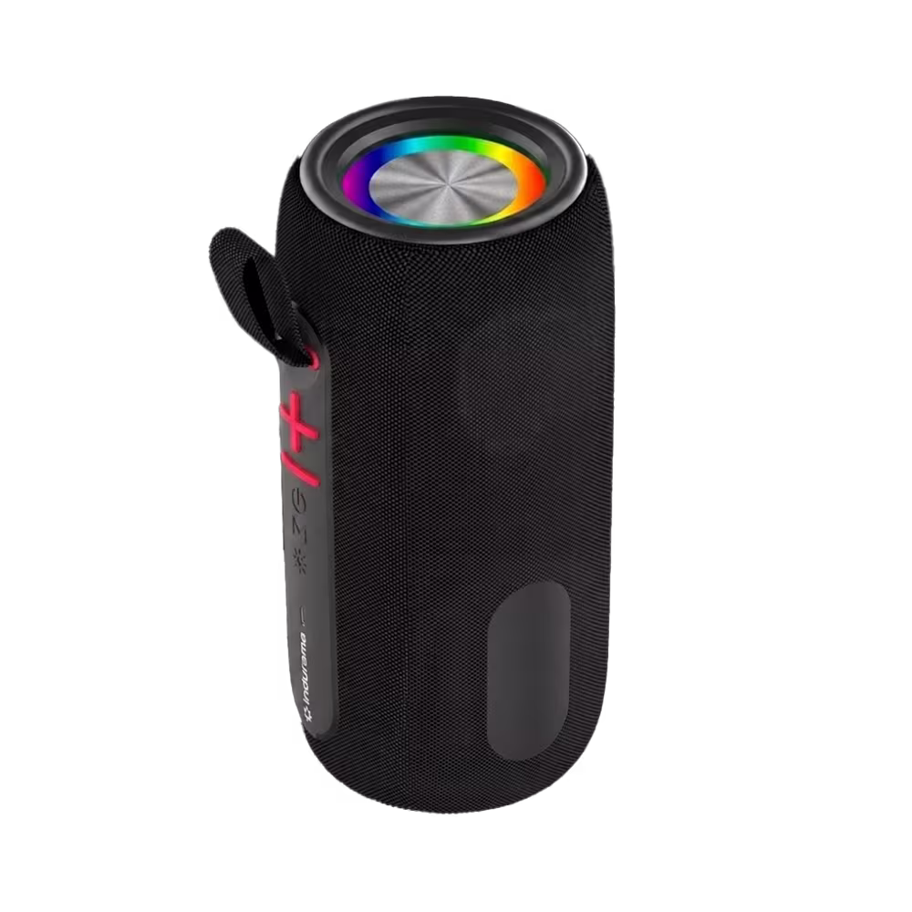 Parlante Indurama PPI-SB10NE cuerpo cilíndrico con luz encendida vista trasera. Disponible en granhogar