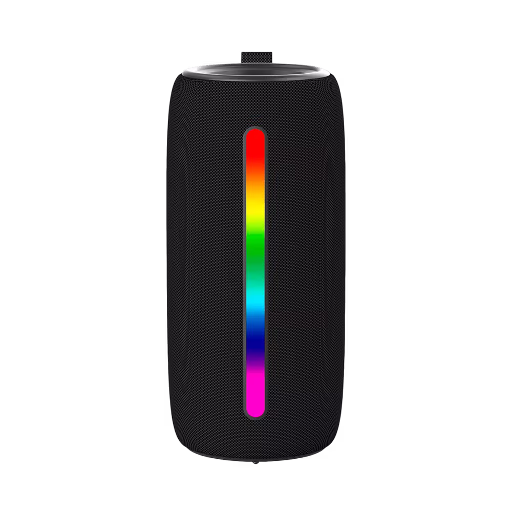 Parlante Indurama PPI-SB10NE con barra de luces LED vertical encendida vista frontal. Disponible en granhogar