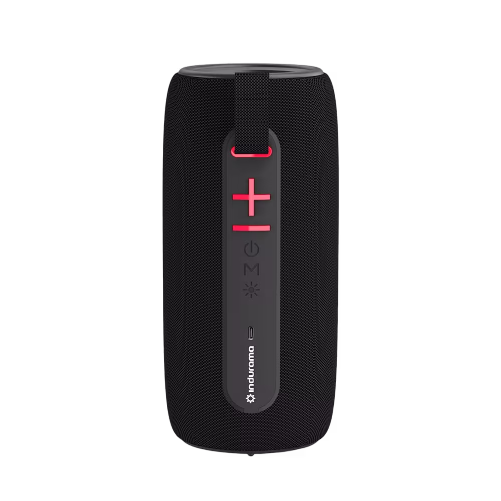 Parlante Indurama PPI-SB10NE botones de control rojos y correa vista trasera. Disponible en granhogar