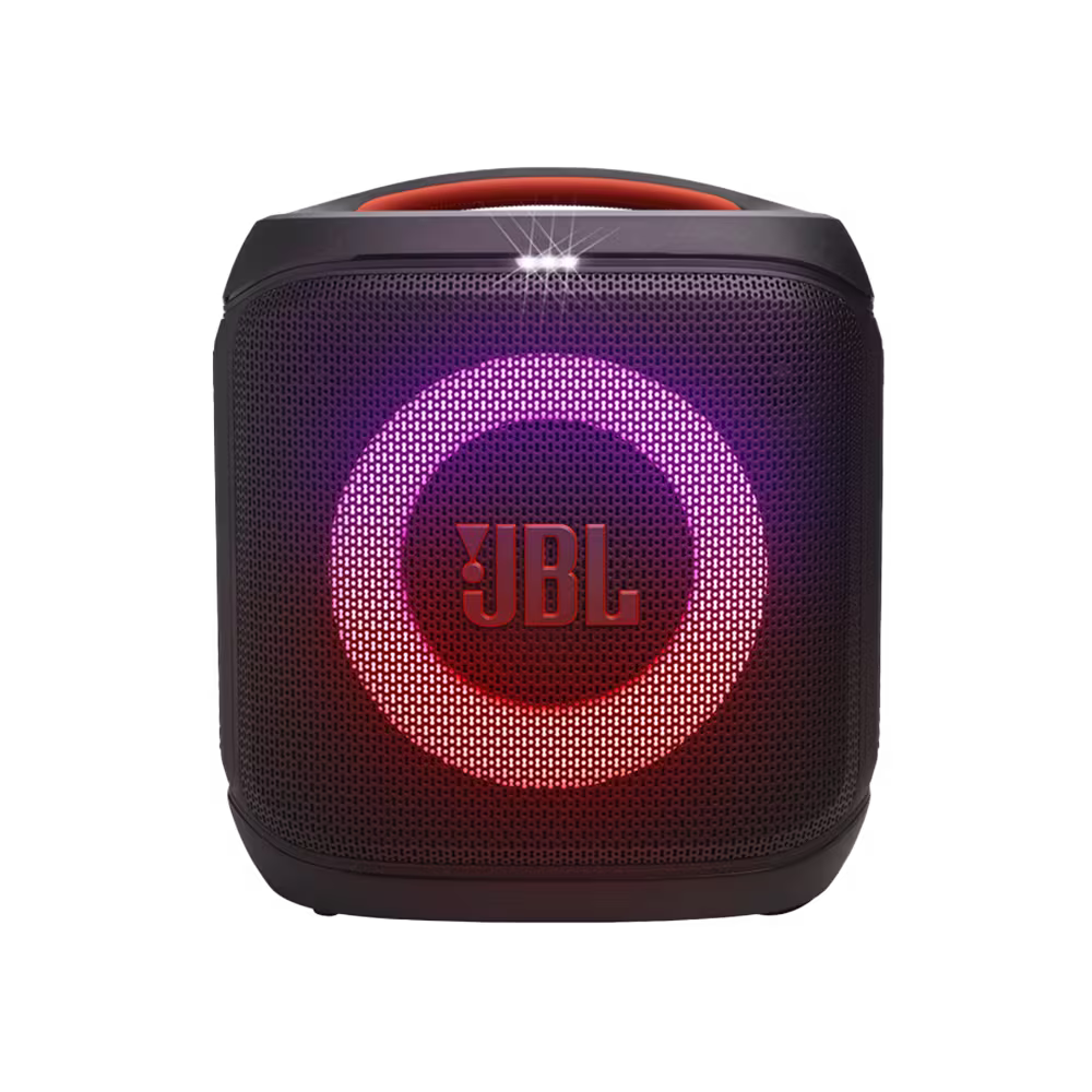 Parlante JBL PartyBox Encore Essential 2 luces LED circulares de 100W vista frontal. Disponible en granhogar