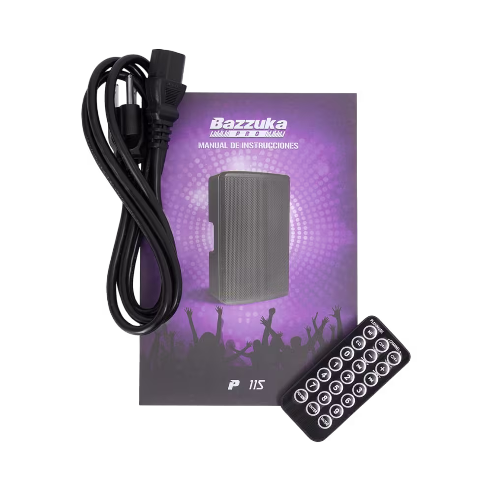 Control remoto manual y cable de poder de parlante profesional Bazzuka P-115 de perfil disponible en granhogar