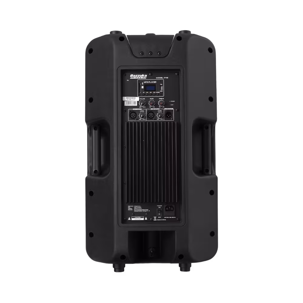 Parlante profesional Bazzuka P-115 de 350 watts con panel de conexiones posterior vista trasera granhogar