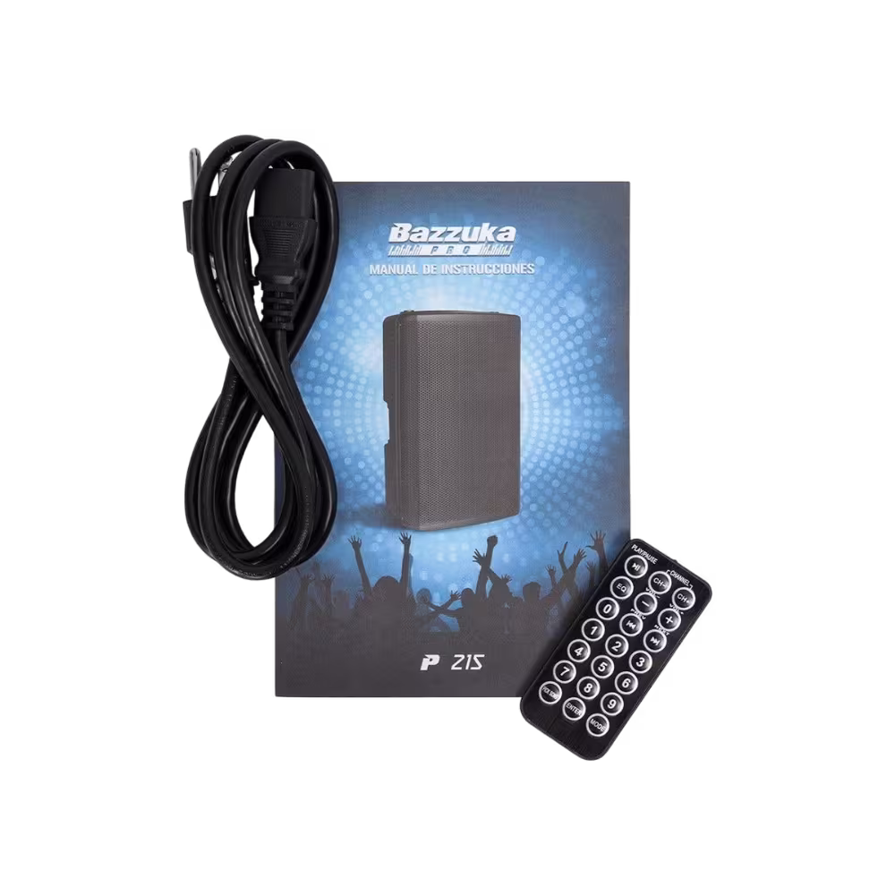 Parlante profesional Bazzuka P-215 kit de accesorios con control remoto vista frontal disponible granhogar