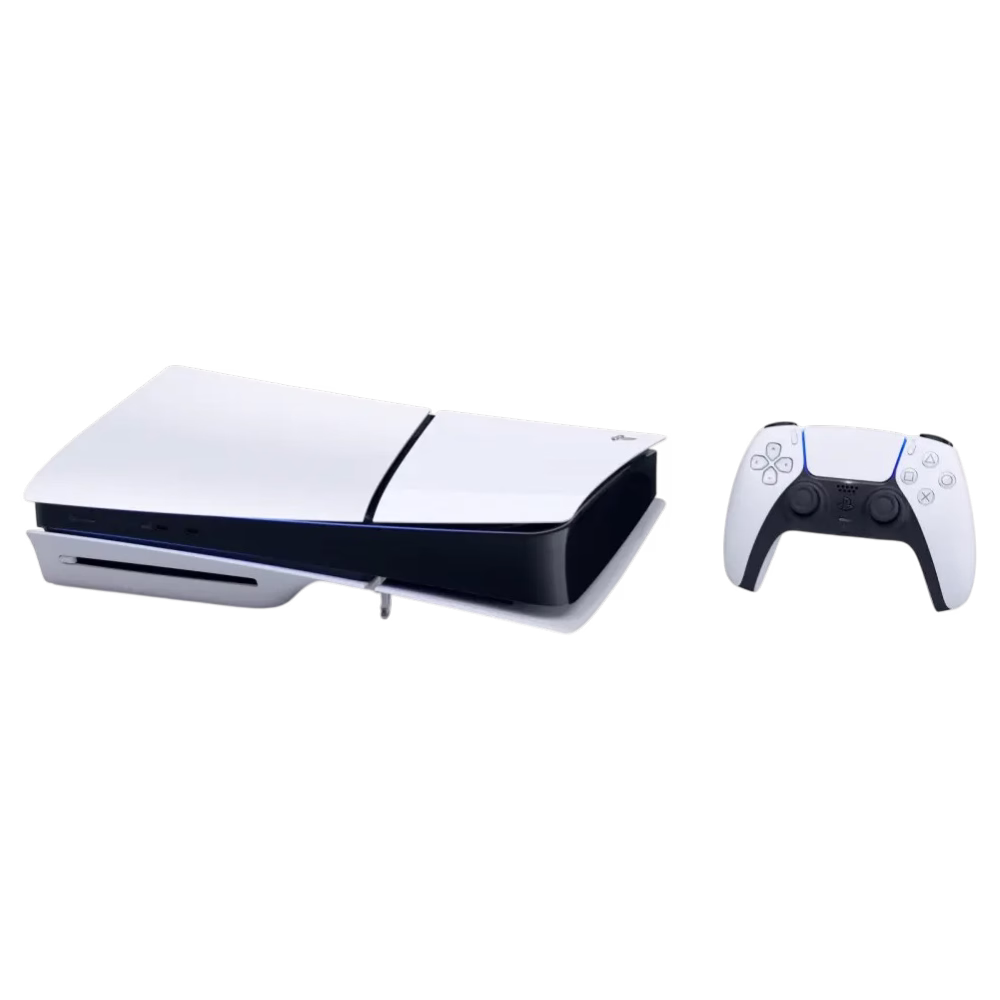 PlayStation 5 1TB Slim Sony versión disco horizontal junto a su control inalámbrico, descúbrelo en granhogar