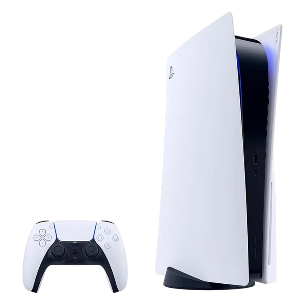 PlayStation 5 1TB Slim Sony versión disco de pie junto a su control inalámbrico, descúbrelo en granhogar
