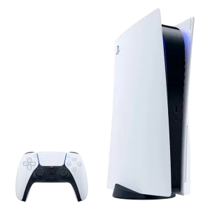 PlayStation 5 1TB Slim Sony versión disco de pie junto a su control inalámbrico, descúbrelo en granhogar