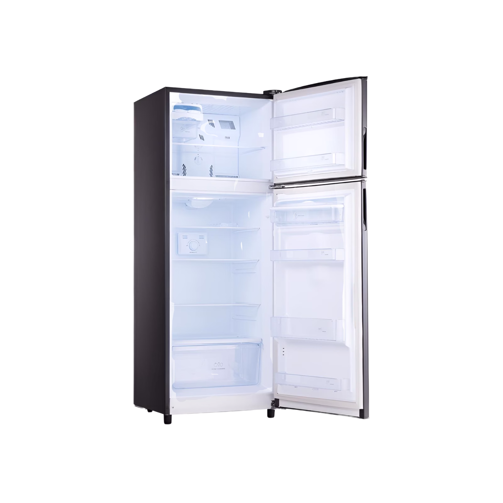 Refrigeradora Indurama RI-405 Avant interior con repisas abierta vista diagonal. Disponible en granhogar